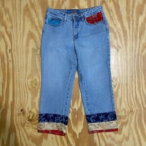 Womens Light Blue Cropped Jeans with Paisley Cuffs